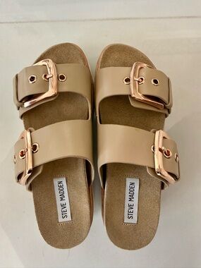 Steve Madden Nude Slide Sandals with Rose Gold Buckles